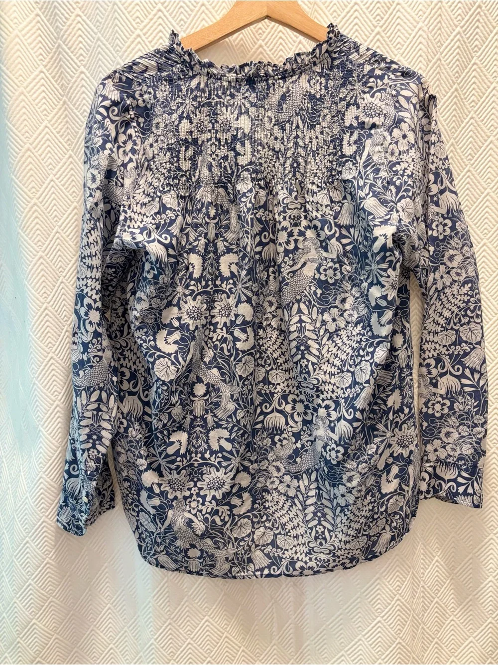J.CREW Collection Silk-Cotton Smocked Ruffle-Neck Top in Mermaid Floral 4